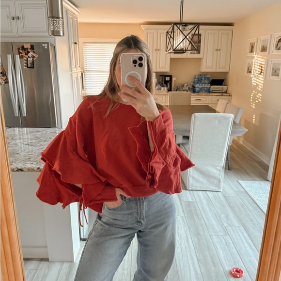 FP Beach Tops - FP Beach Ruffle Sleeve Oversized Sweatshirt Red Size M